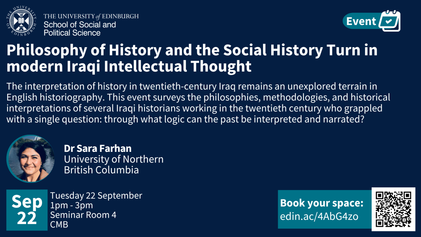 Details of the event and an image of the guest speaker Dr Sara Farhan