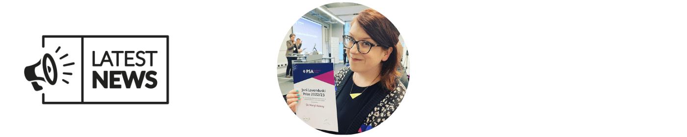 Meryl Kenny holding the Joni Lovenduski prize certificate