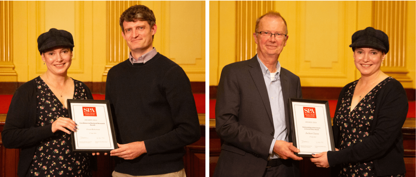 Photos of Ewan Robertson and Jochen Clasen holding their awards with Helen Bernard