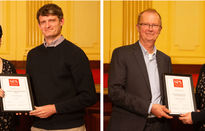 Photos of Ewan Robertson and Jochen Clasen holding their awards with Helen Bernard