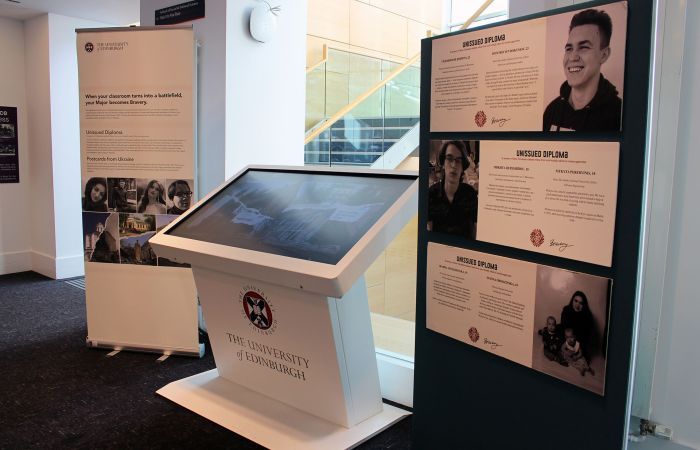 Image of the Unissued Diplomas exhibition in the Chrystal Macmillan Building foyer